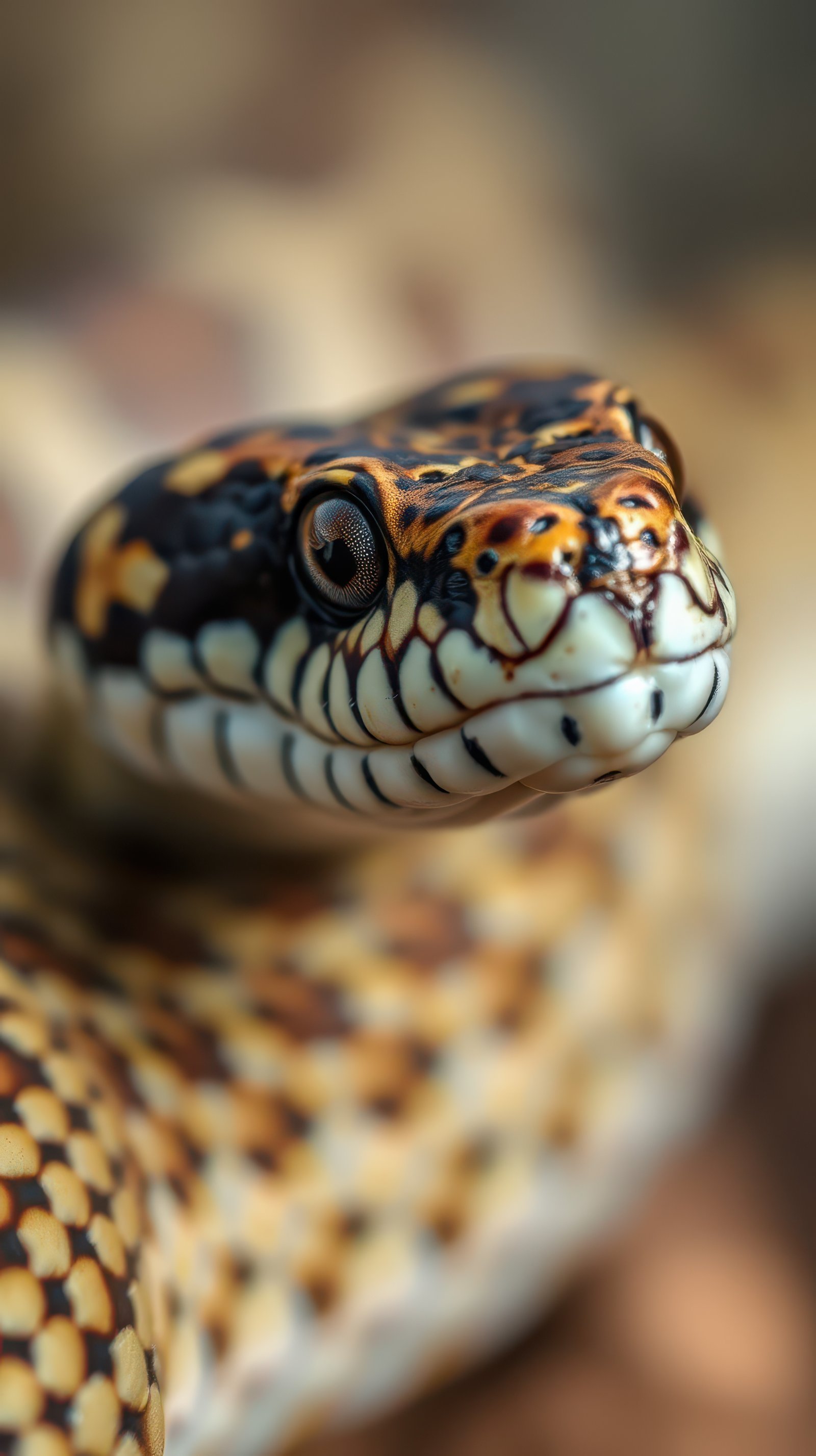 Close view of a patterned snake showcasing vibrant scales in its natural habitat during daylight hours